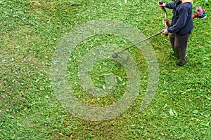 top view of a lawn trimmed with a lawn mower. background with copy space