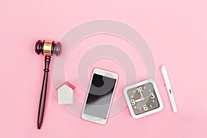 Top view lawyer desk, object on pink background.