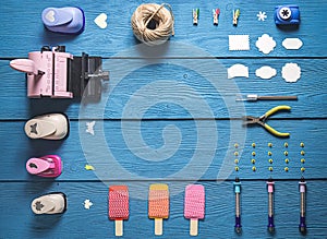 Top view of the layout of tools for needlework