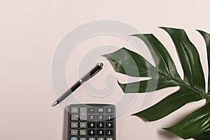 Top view leaves a calculator and a pen or object for office supply concept on pink background