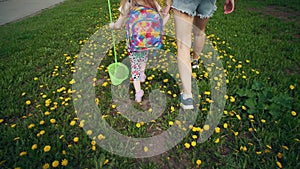 Top view of legs of child and young woman walking on yellow dandelions.