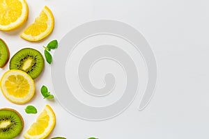 Top View of Lemon Kiwi and Peppermint on White Background, Free Space for Text