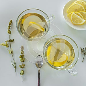 Top view of lemon tea glasses. Drinks flat lay. Seasonal break