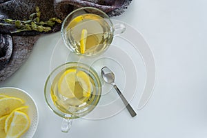 Top view of lemon tea glasses. Drinks flat lay. Seasonal break