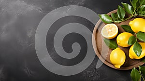 Top View Of Lemon In Wooden Dish On Dark Gray Stone Background