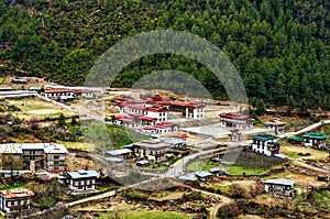 Top view Lhakang Karbo & x28;White Temple& x29; and Haa valley , Paro ,Bhutan