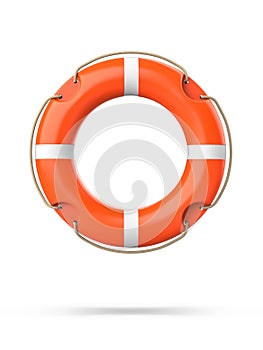 Top view of lifebuoy, isolated on a white background with shadow. 3d rendering of orange life ring buoy.