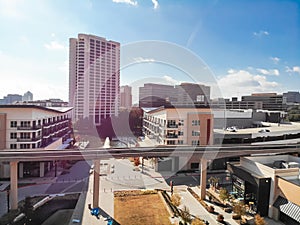 Top view light rail system and skylines in downtown Las Colinas,