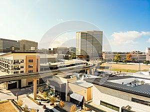 Top view light rail system and skylines in downtown Las Colinas,