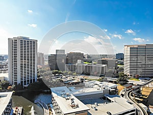 Top view light rail system and skylines in downtown Las Colinas,