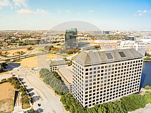 Top view light rail system and skylines in downtown Las Colinas,