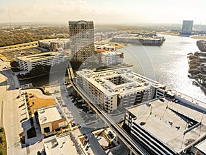 Top view light rail system and skylines in downtown Las Colinas,