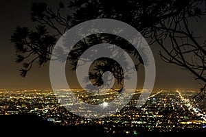 Top view of the lit up city lights of Los Angeles from Mount Hollywood in Griffith Park, USA
