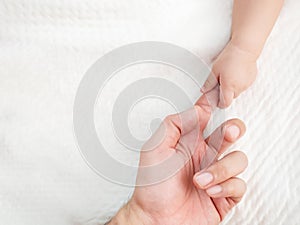 Top view of a little hand of baby  holding finger of father hand