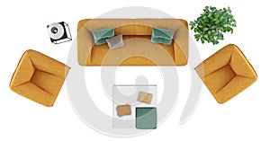 top view of a Living room set with sofa and armchair on white background