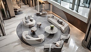 Top view of lobby lounge with long sofa, armchairs ,round tables and grey carpet on marble floor in modern residential building