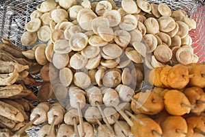 Top view of local Filipino street food - Kikiam, Fishballs, Squid balls, and Kwek Kwek Quail Eggs