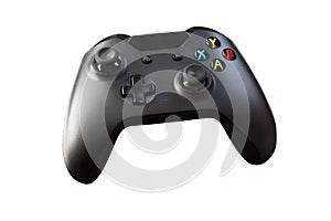Top view of a logo free, black videogame controller isolated on white background