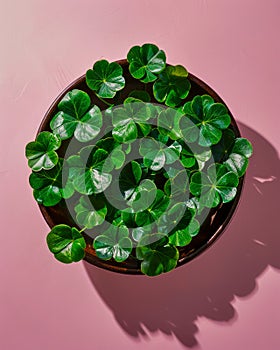 Top View of Lush Green Oxalis Shamrocks in a Bowl on Pink Background, Perfect for St Patrick\'s Day