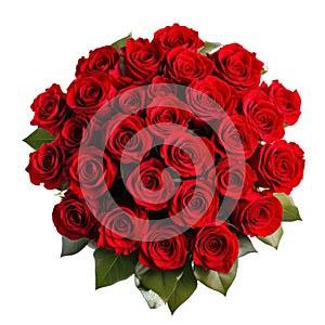 Top view of lush red rose bouquet with green foliage isolated on white background