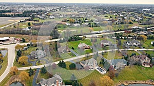 Top view of luxury American houses, near the lake, Illinois, America. Private rich estates with swimming pools