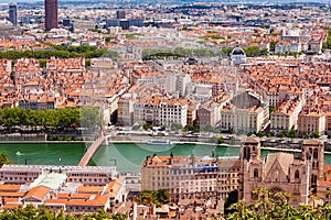 Top view of Lyon cityscape with the Saone river