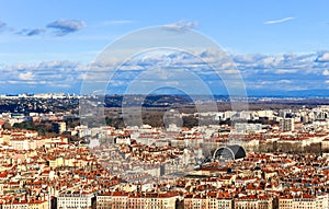 Top view of Lyon Old town and Lyon opera house, Lyon, France