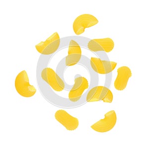Top view of macaroni pasta isolated on white background