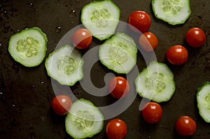 Top View Macro Image of Sliced Cucumbers and Tomatoes Fresh from the Garden