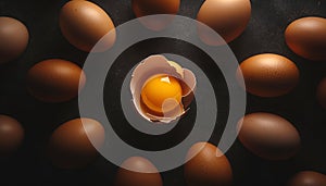 Top view macro shot of eggs with one chicken egg broken with yolk