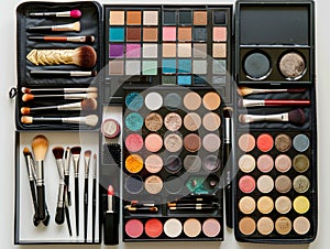 top view of makeup kit with white solid background
