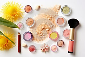 Top view of makeup products set on white background, summertime concept, by AI Generated