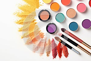 Top view of makeup products set on white background, summertime concept, by AI Generated