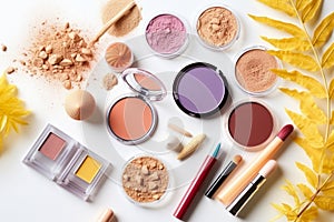 Top view of makeup products set on white background, summertime concept, by AI Generated