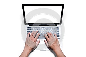 Top view, Male's hand working by using and typing on white laptop with blank white screen. Isolated on white background with