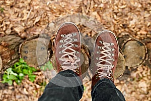 Top view man standing with hiking mountain boots on autumn leaves and wood background