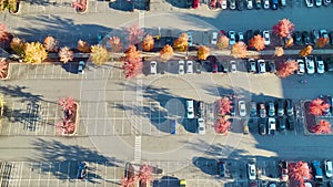 Top view of many cars parked on a parking lot in front of a strip mall plaza. Concept of consumerism and market economy