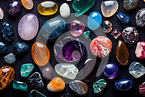 Top view of many different gems. Gemstones for jewelry, spiritual practices, meditations and relaxation. AI Generative