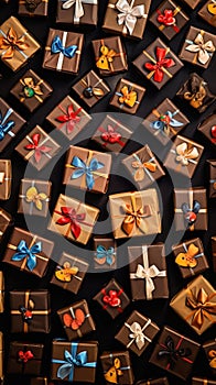 Top view of many different gift boxes with ribbons on black background .