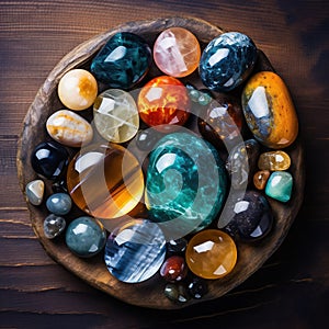 Top view of many different precious stones in wooden plate. Gemstones for jewelry, spiritual practices, meditations and relaxation