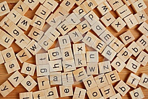 Top view of many english wooden letters scattered. Learning English concept