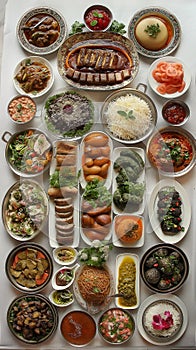 Top view of many plates on dinner dishes from different dishes covered in sauce on white background photo