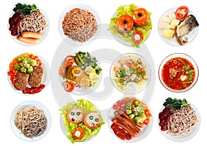 Top view of many plates with food