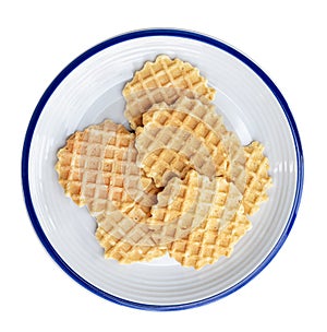 Top view many waffle on dish isolated on white background with clipping path