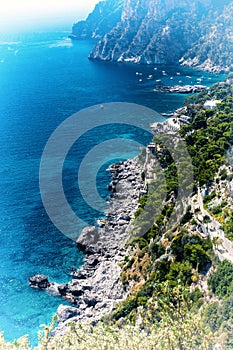 Top view of Marina Piccola bay and Tyrrhenian sea in Capri island - Italy.