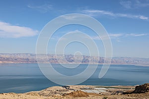 Top view from Masada fortress to the Judean desert and the Dead Sea