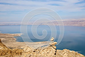 Top view from Masada fortress to the Judean desert and the Dead Sea