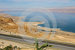 Top view from Masada fortress to the Judean desert and the Dead Sea