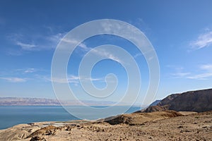 Top view from Masada fortress to the Judean desert and the Dead Sea