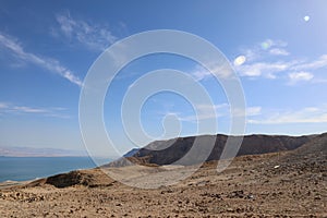 Top view from Masada fortress to the Judean desert and the Dead Sea